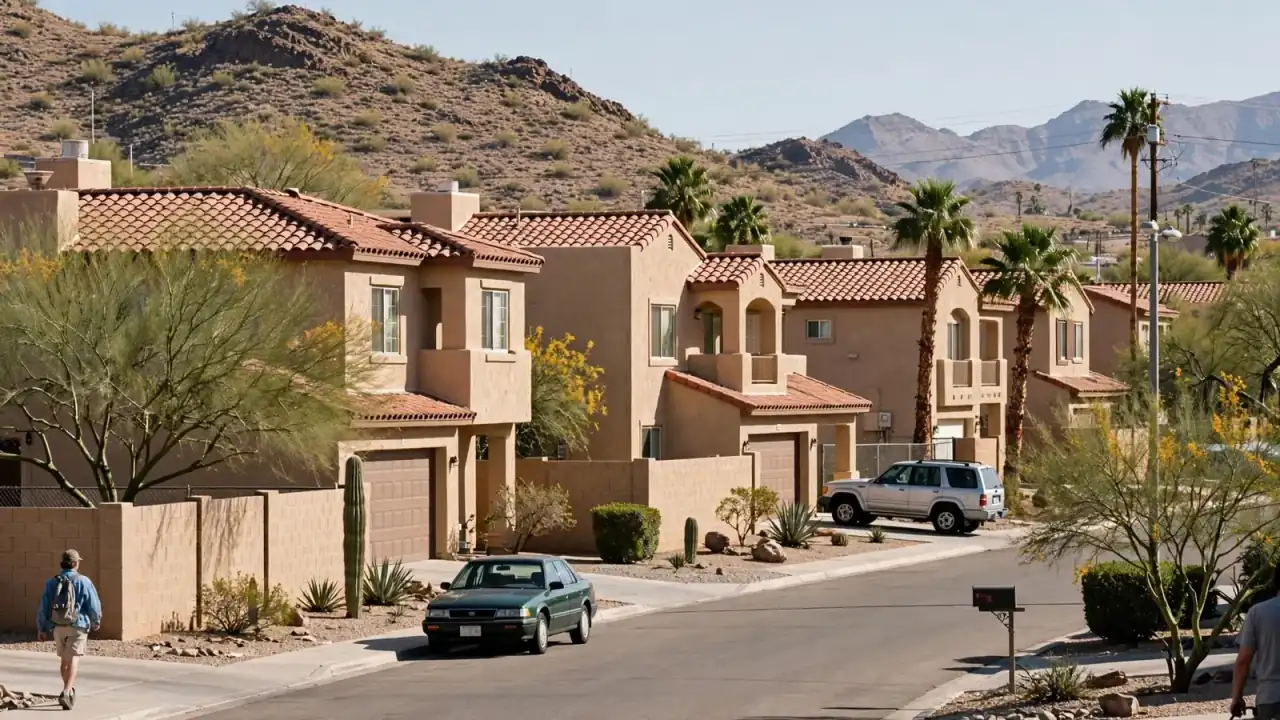 Two-story stucco homes with tile roofs backing onto desert hills