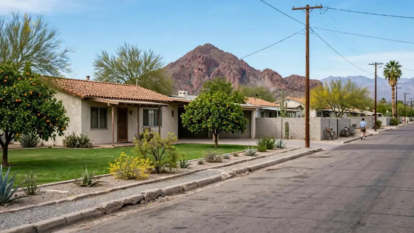 1950s ranch house on a large lot with citrus trees and a green lawn below a mountain