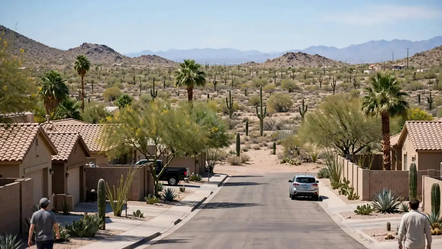 North Phoenix homes at the edge of open Sonoran desert with saguaros