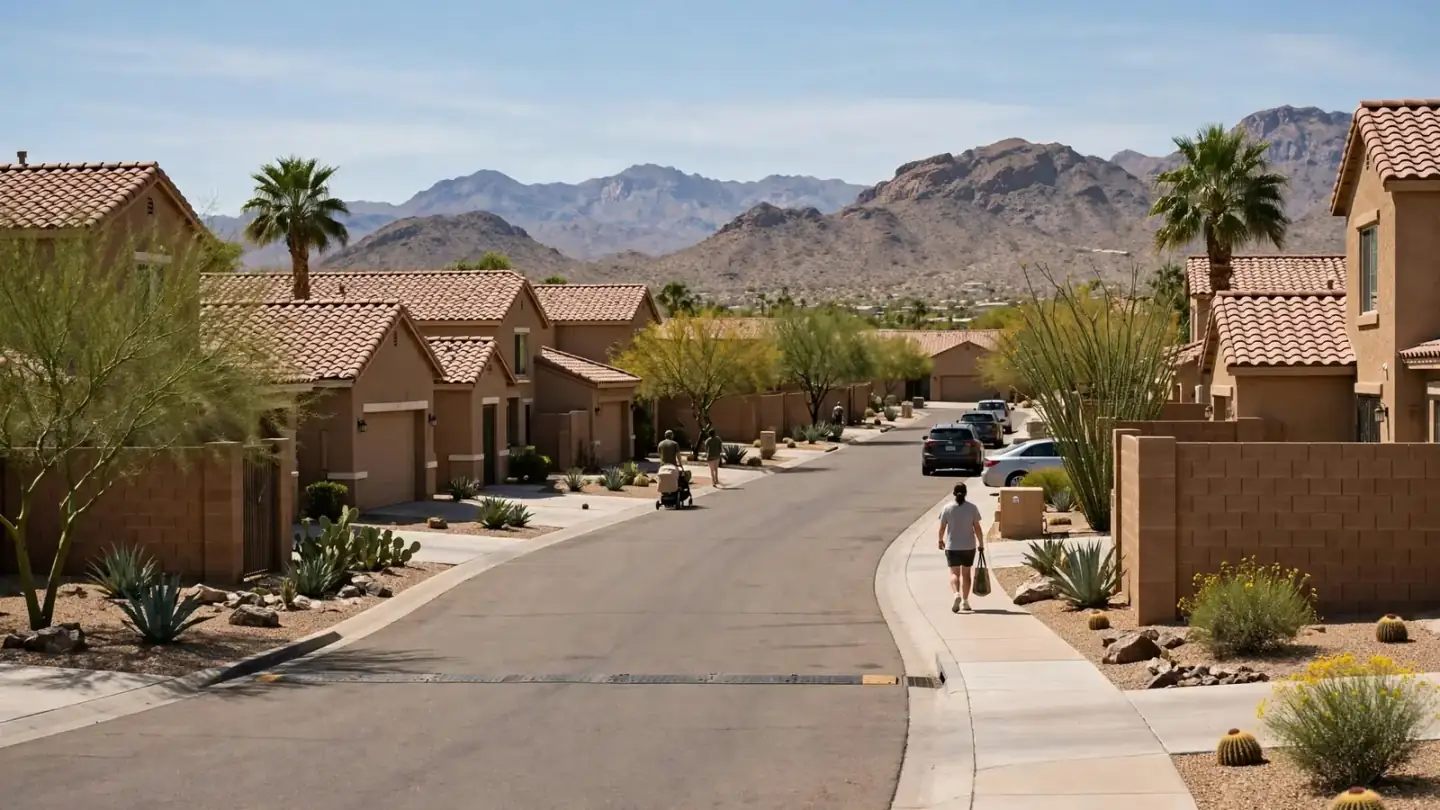 Street of matching tan stucco homes with desert landscaping and mountains behind
