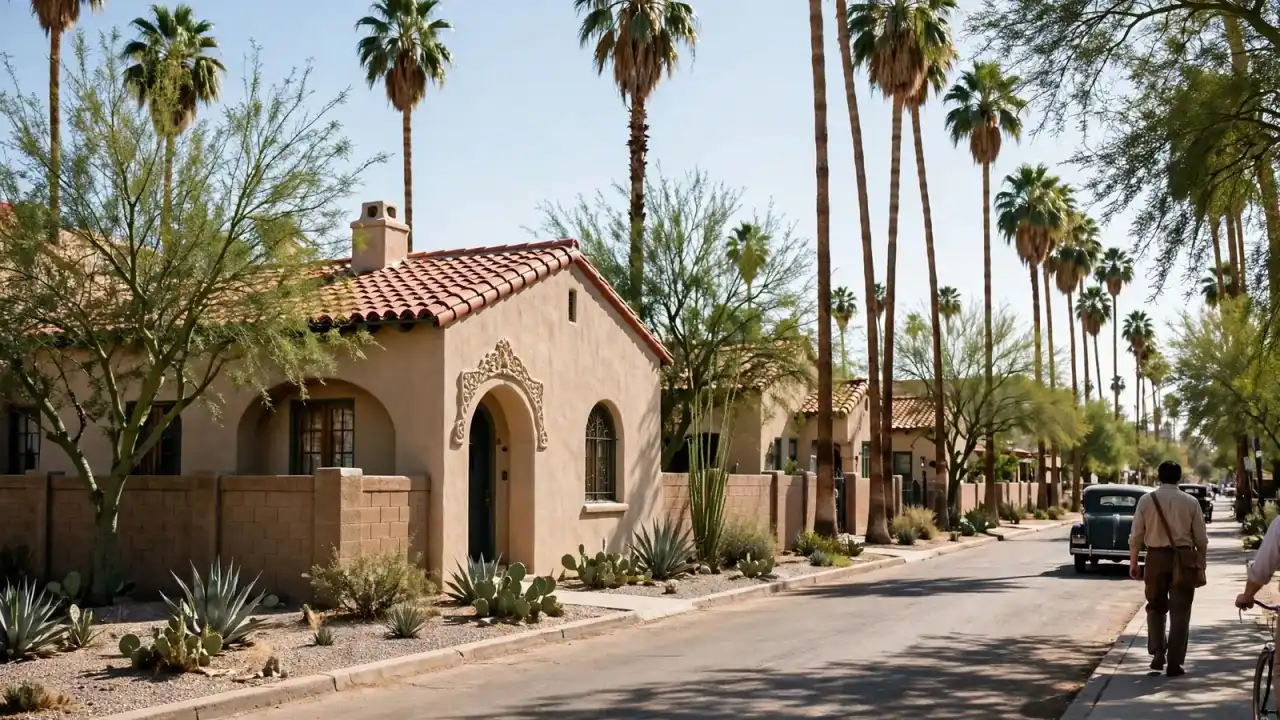 1930s Spanish revival bungalow with tall palms on a tree-lined historic street