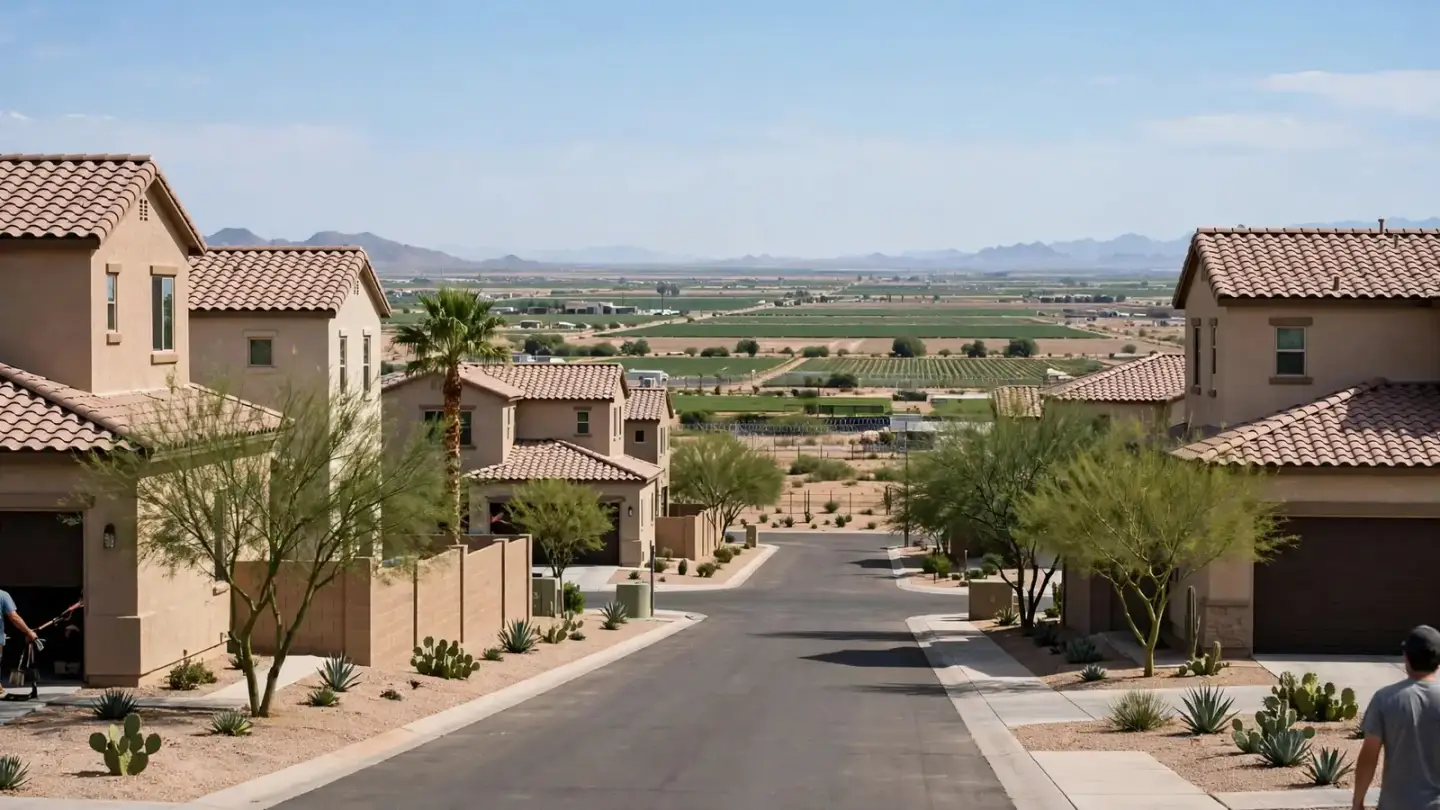 Subdivision street of two-story stucco homes with attached garages near open farmland