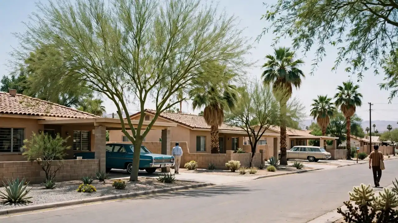 Row of 1960s single-story block homes with carports on a flat tree-lined street