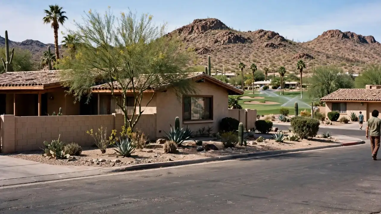 Low-roofed 1970s ranch home near a golf course with a rocky hill behind
