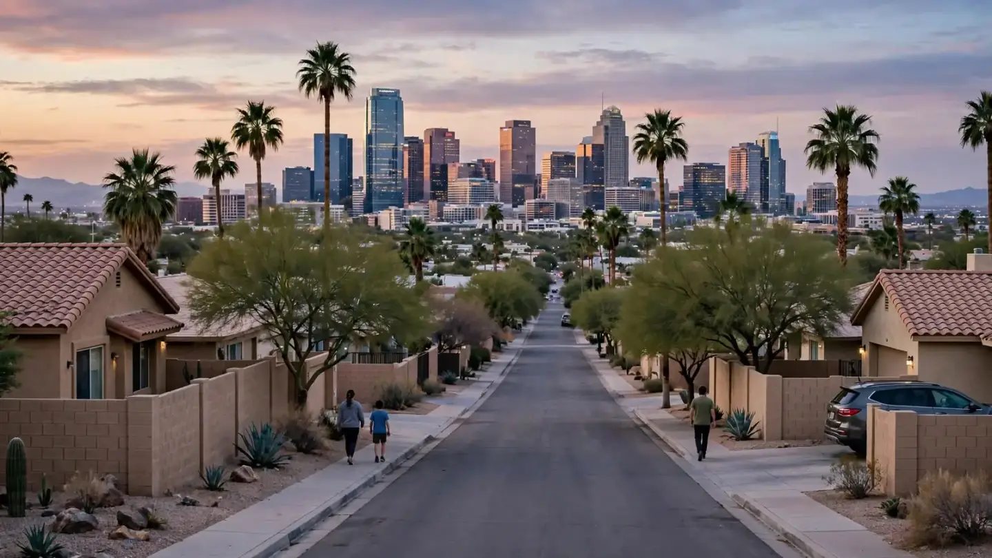 Phoenix downtown skyline seen from a residential street at dusk