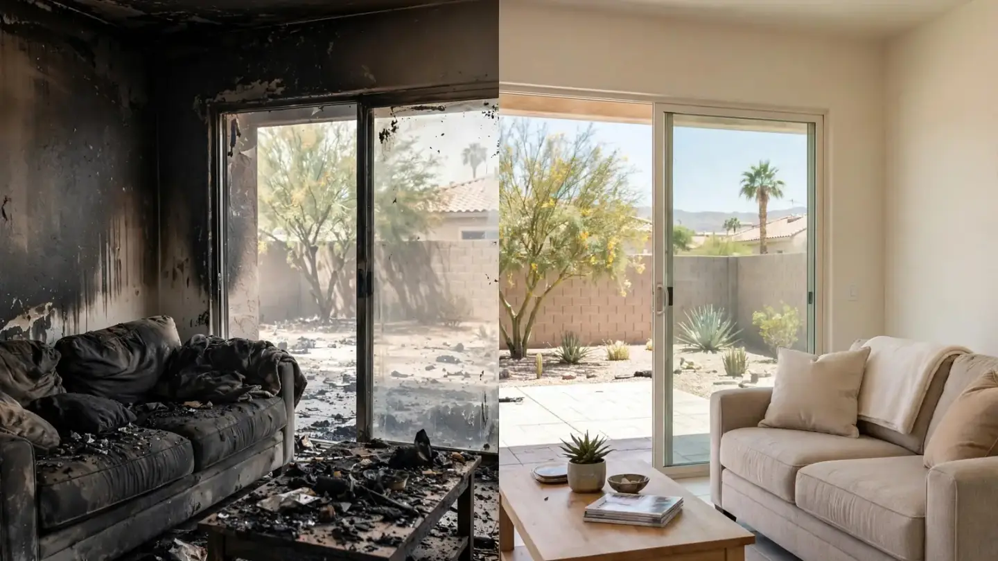 Split image of a living room, soot-covered on the left and clean and repainted on the right