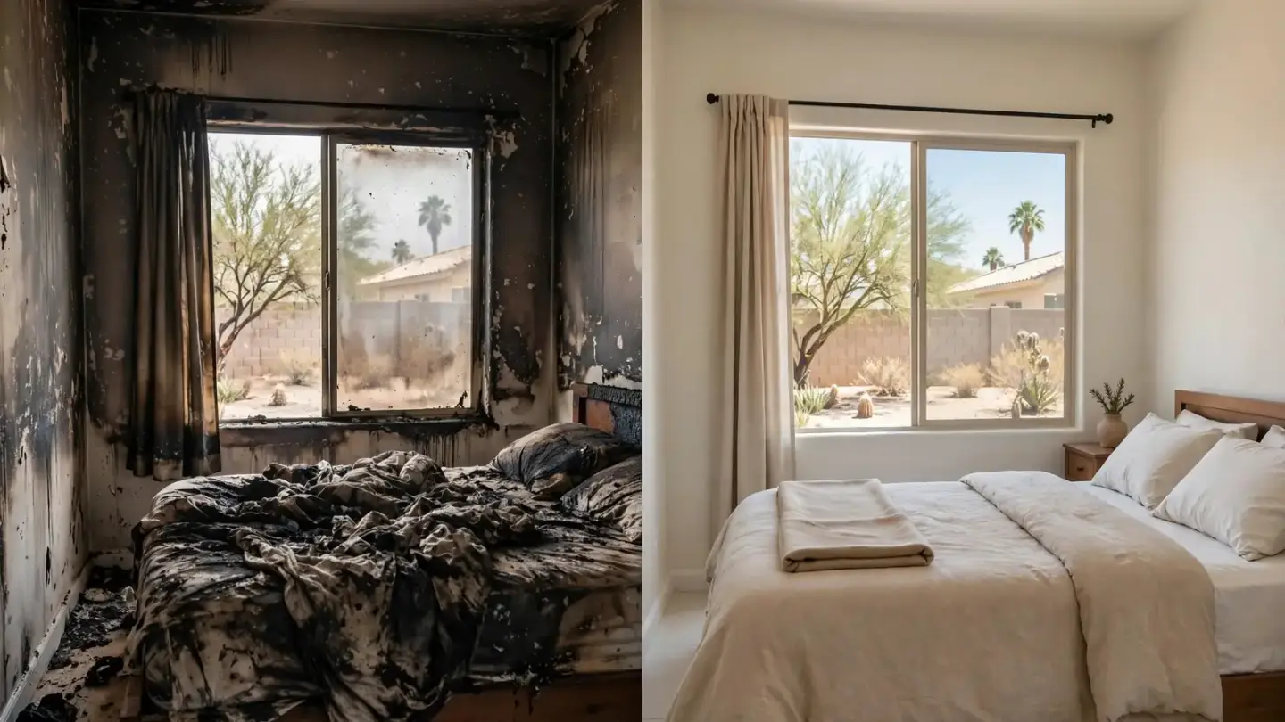 Split image of a bedroom with smoke-stained walls and the same bedroom cleaned