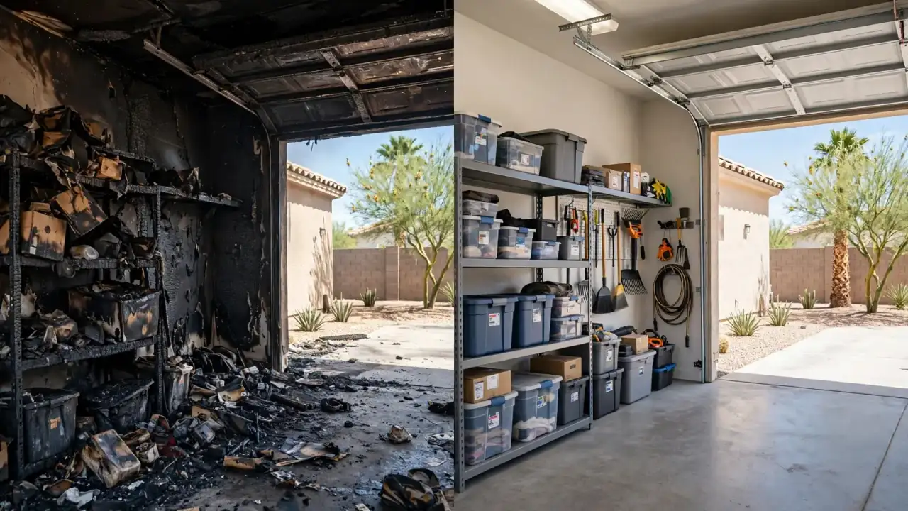 Split image of a garage interior after a fire and the same garage restored