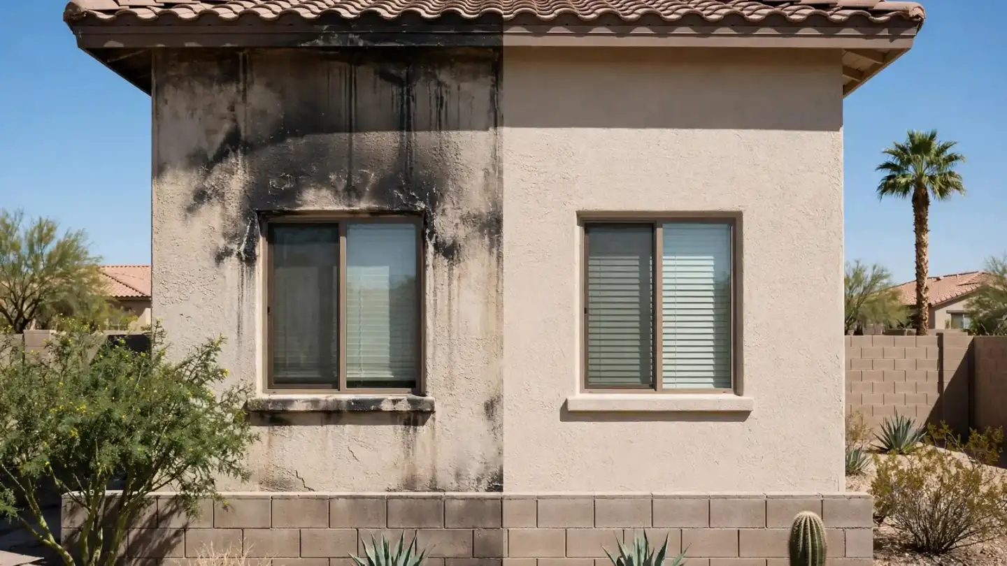 Split image of a stucco wall with smoke staining above a window and the same wall cleaned