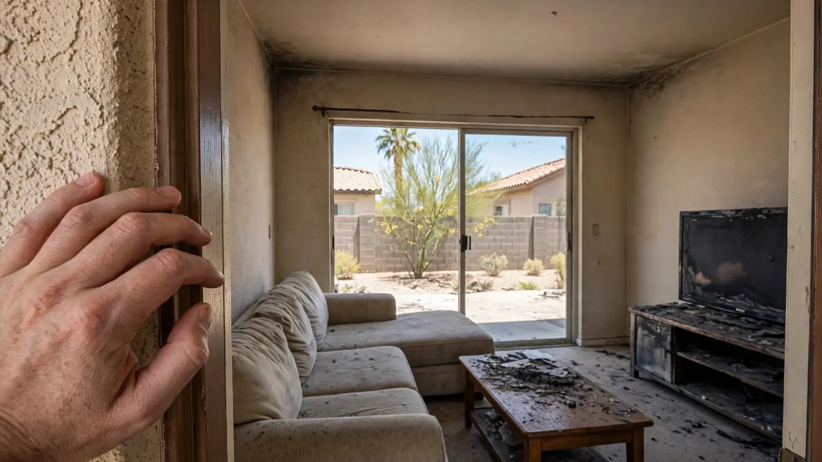 Hand on a doorframe looking into a smoke-damaged living room