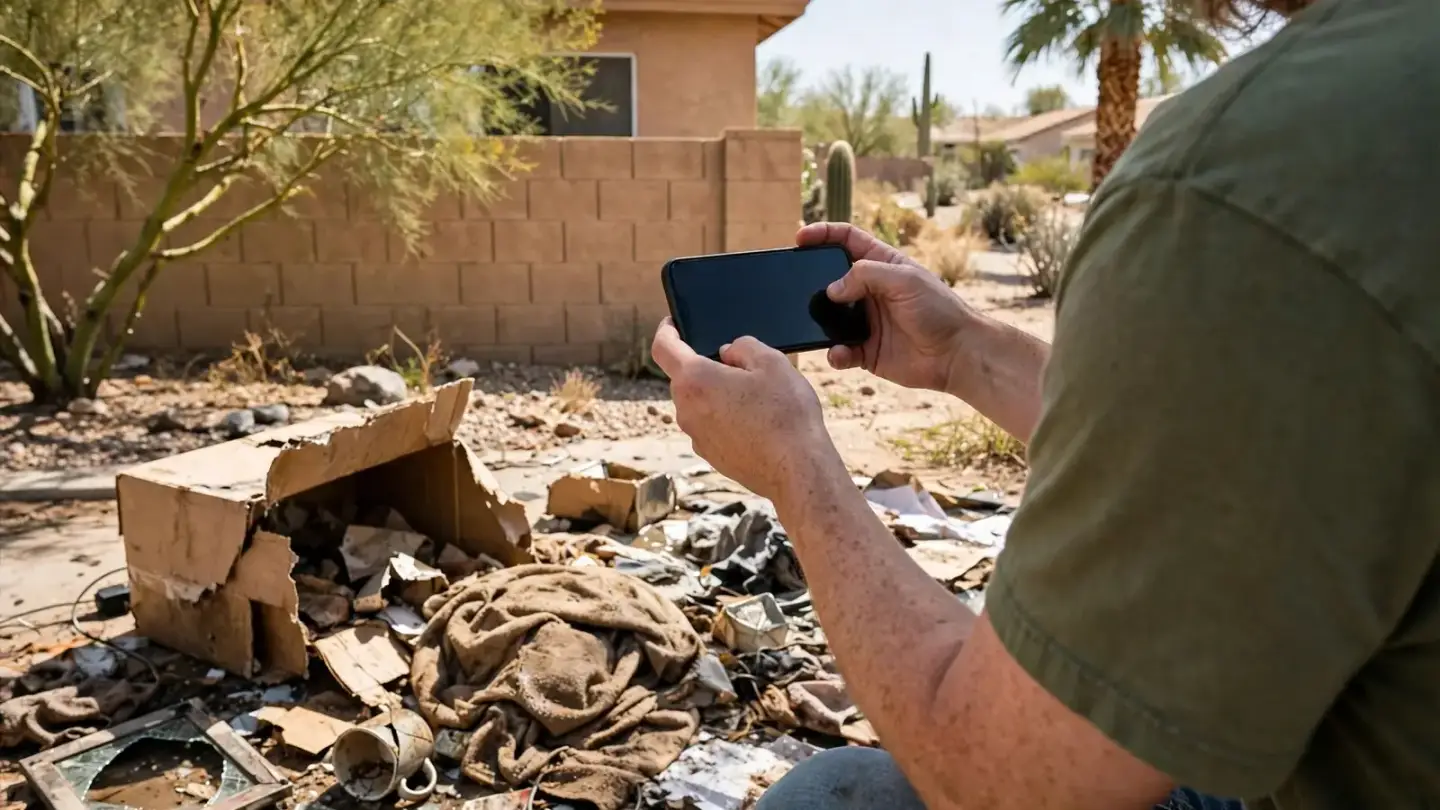 Hands photographing damaged belongings with a phone