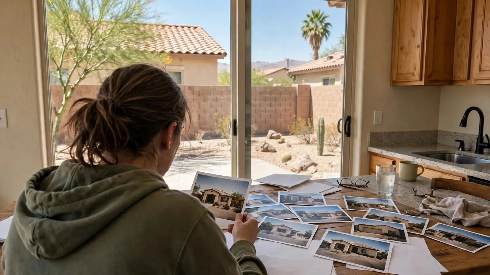 Person seen from behind at a kitchen table reviewing papers and printed photographs
