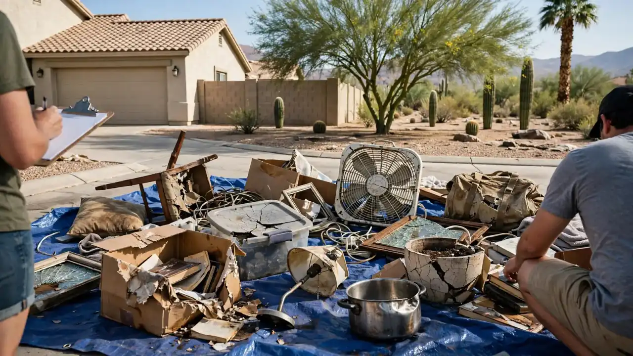 Damaged household items laid out on a tarp in a driveway