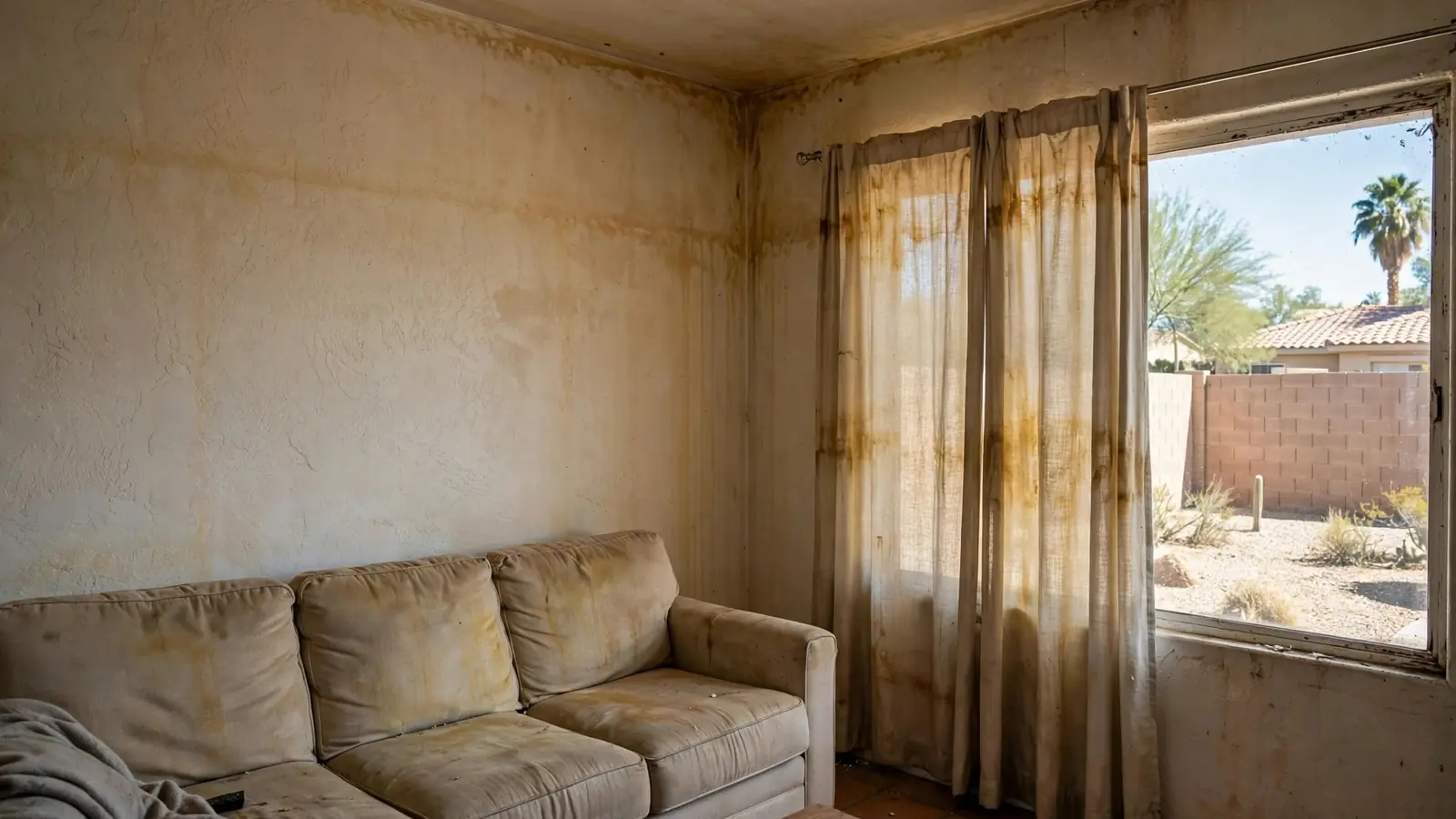 Couch and curtains with yellowed smoke staining in a closed room