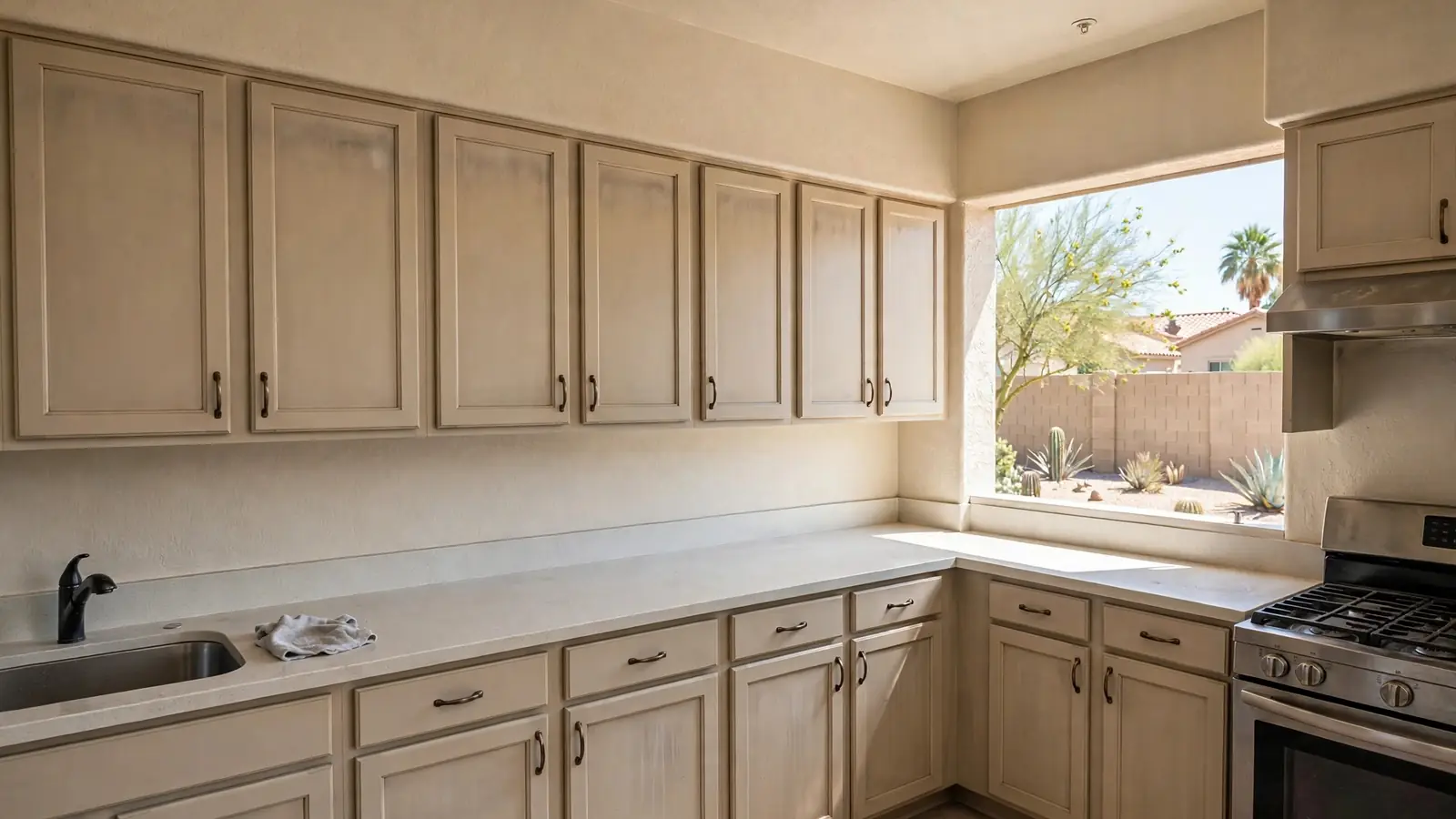 Kitchen with cream cabinets and faint smoke staining on the walls and ceiling