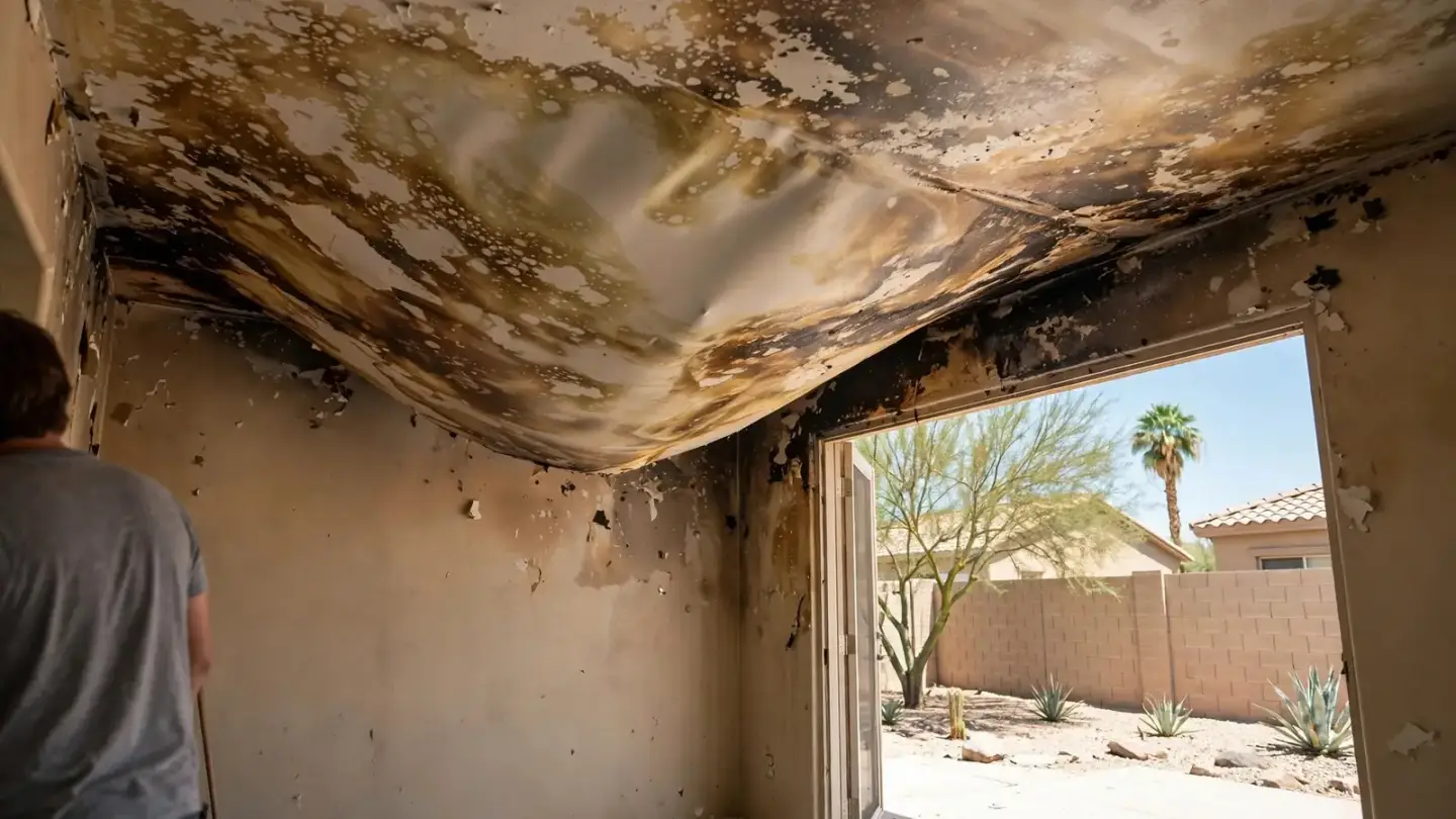 Sagging, water-stained ceiling drywall after a house fire