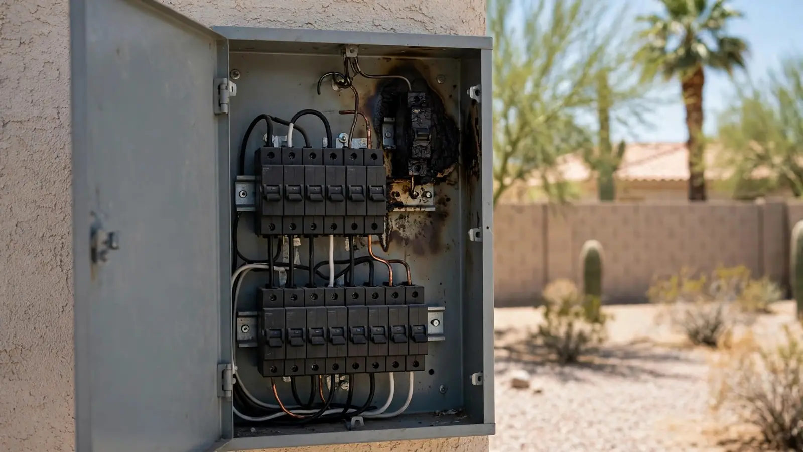 Electrical panel with the door open and scorch marks around one breaker