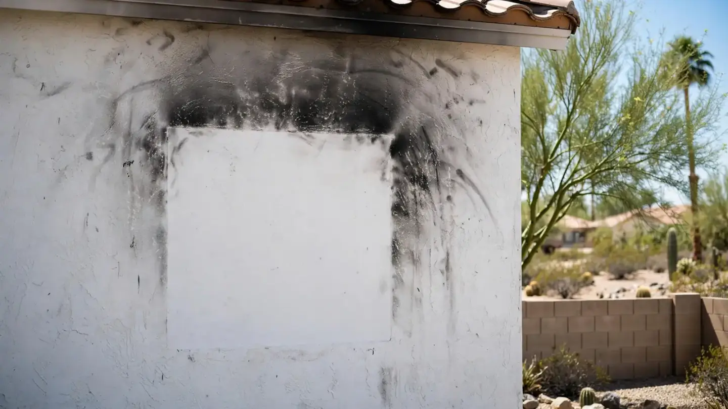 White wall with a clean rectangle outline surrounded by soot