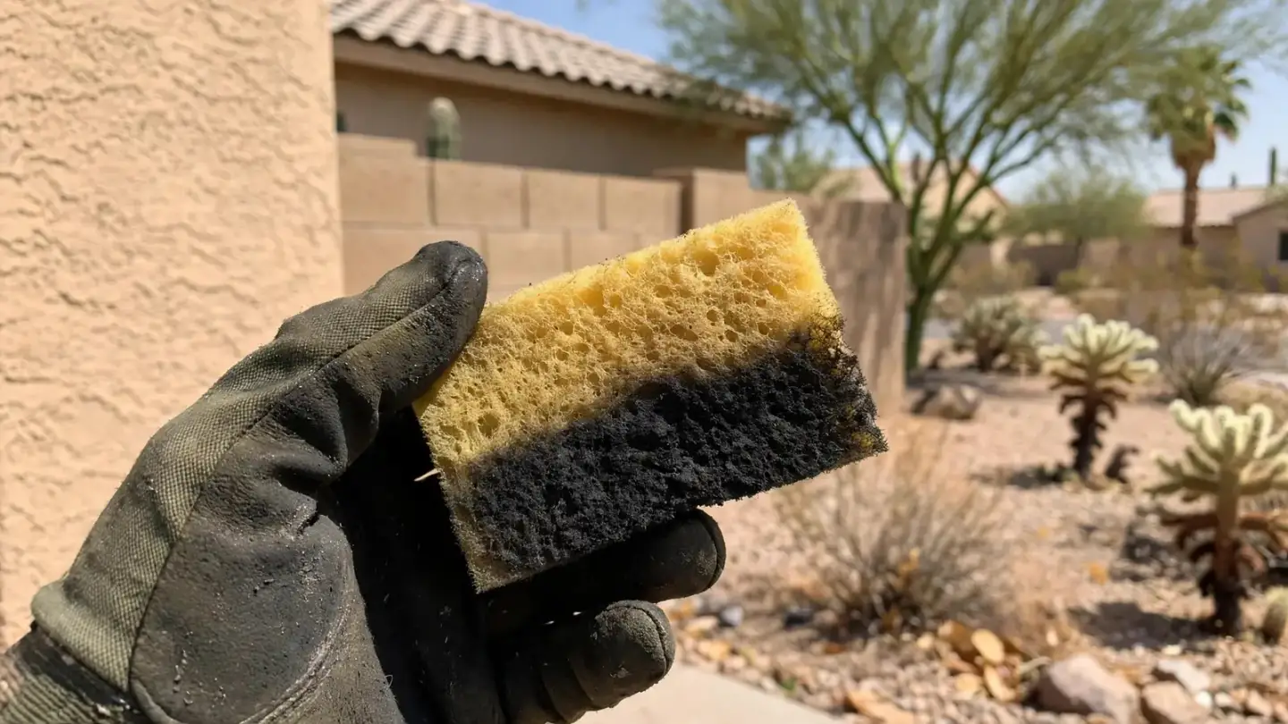 Gloved hand holding a dry chemical sponge half blackened with soot