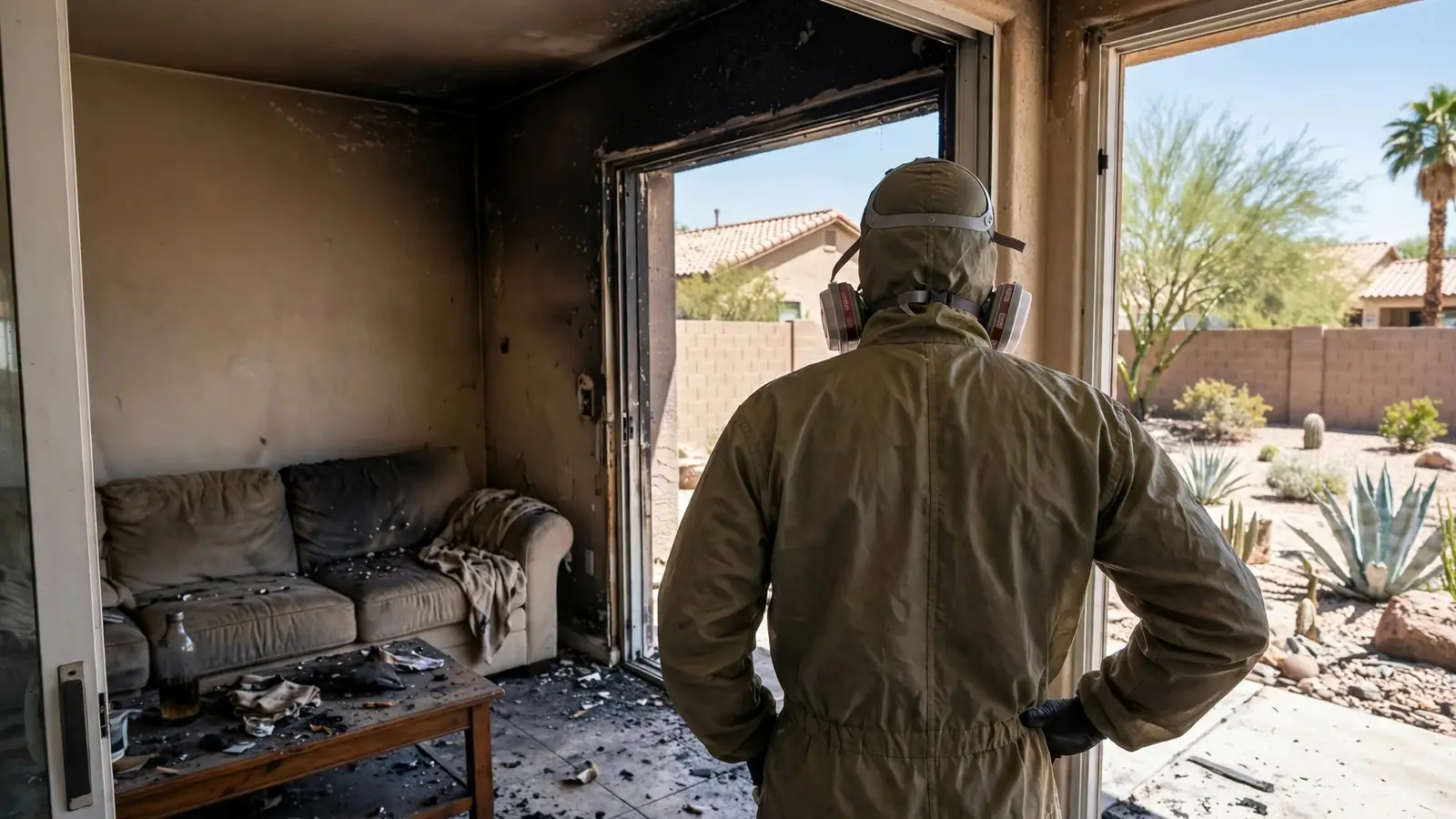 Technician in a respirator and coveralls seen from behind in a soot-blackened living room