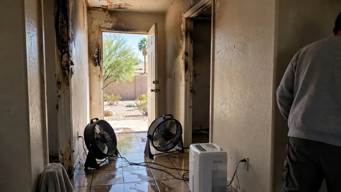 Drying fans and a dehumidifier on a wet tile floor in a fire-damaged hallway