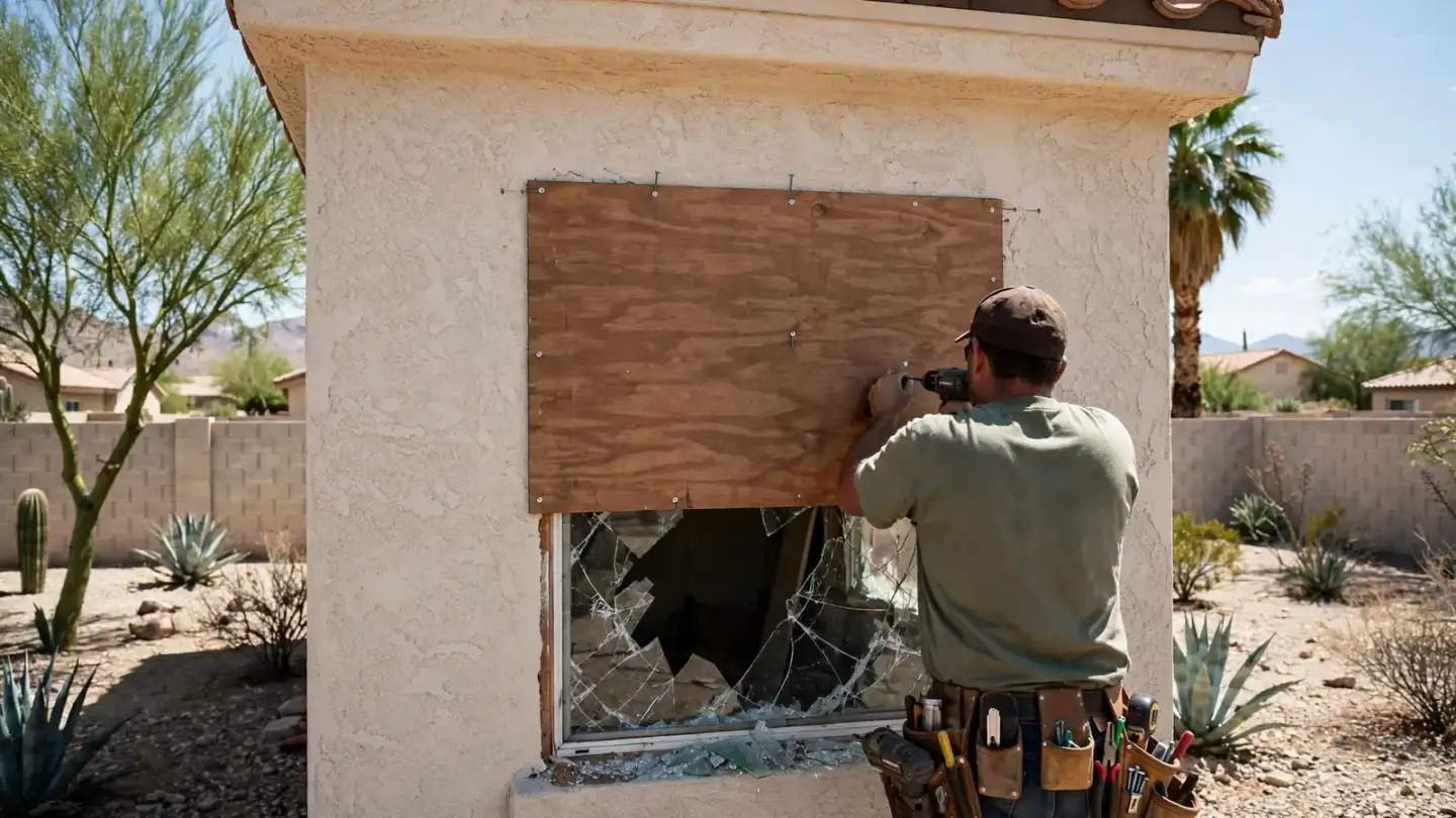 Worker fastening plywood over a broken window on a stucco house