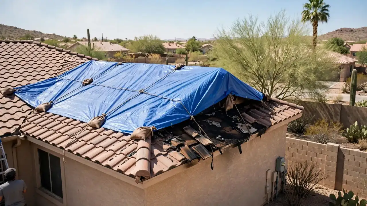 Blue tarp secured over a fire-damaged section of a tile roof