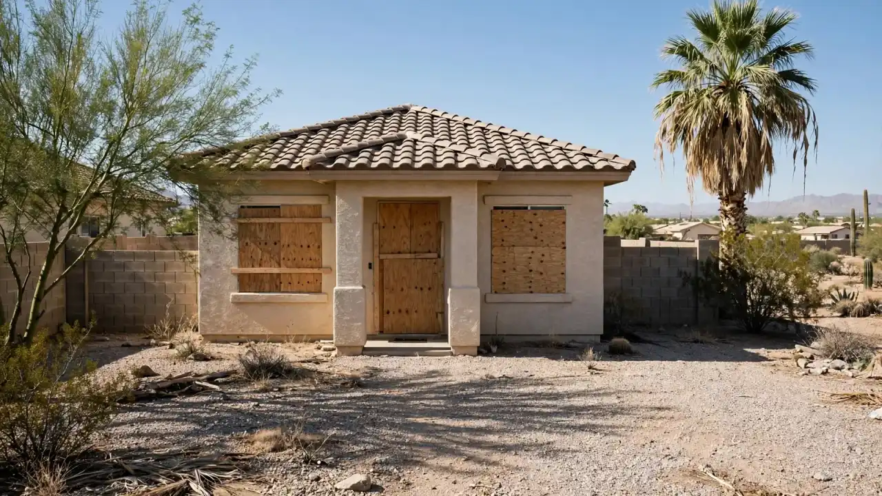 Boarded front door and windows on a single-story desert home with a gravel yard