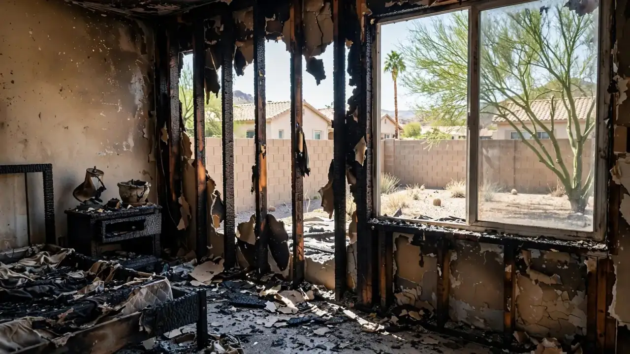 Burned bedroom interior with charred wall framing exposed in daylight