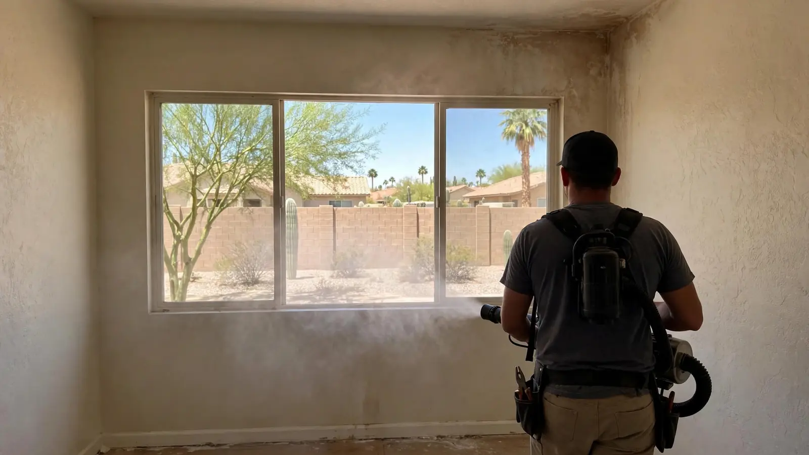 Technician seen from behind with equipment in an empty smoke-stained bedroom