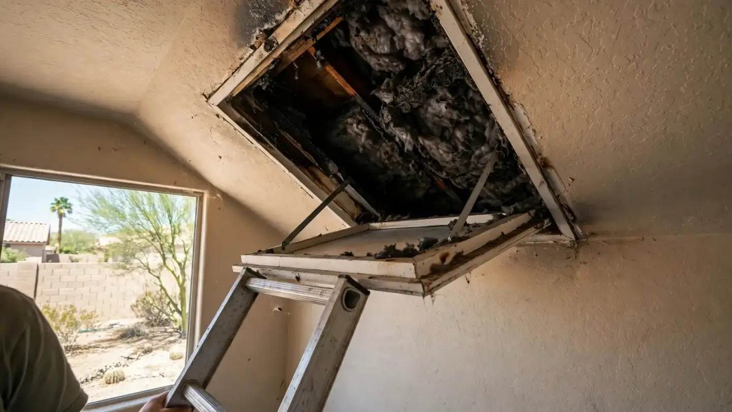 Open attic hatch showing insulation darkened by smoke