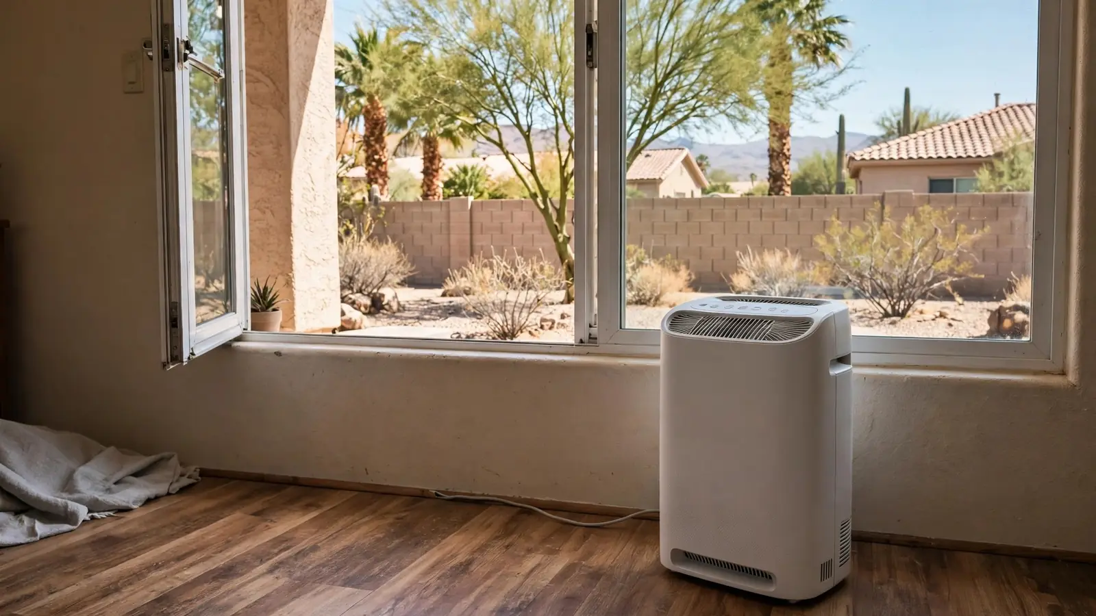 Portable air purifier running on a wooden floor beside an open window