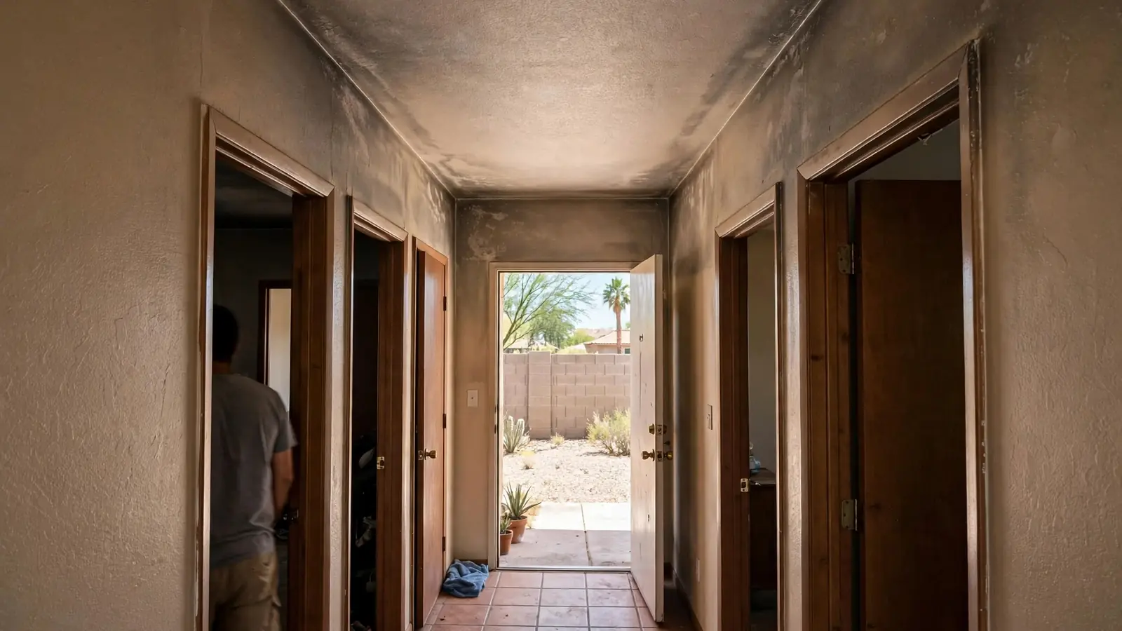 Hallway with grey smoke staining on the upper walls and ceiling