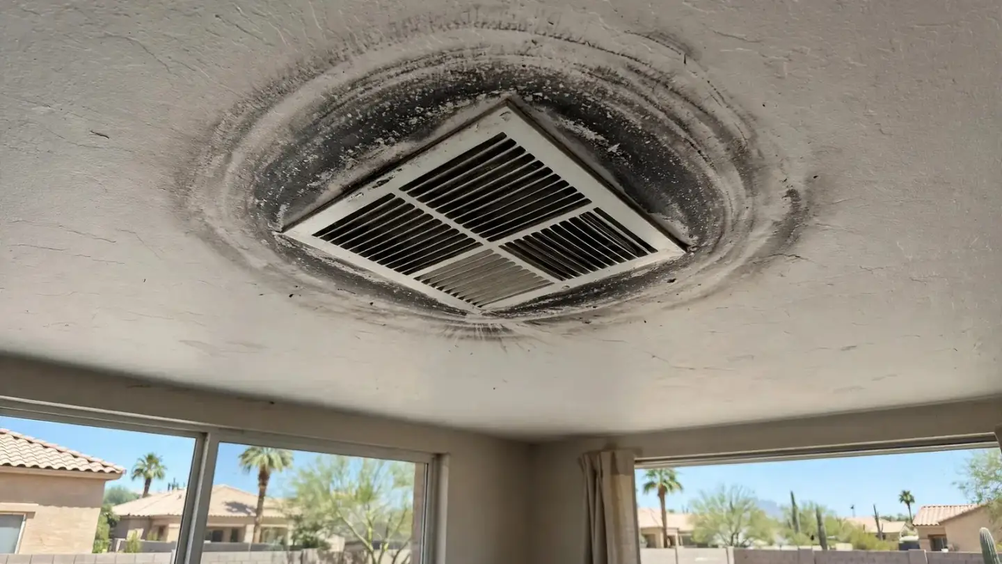 Ceiling air register with a dark ring of smoke residue around its edges