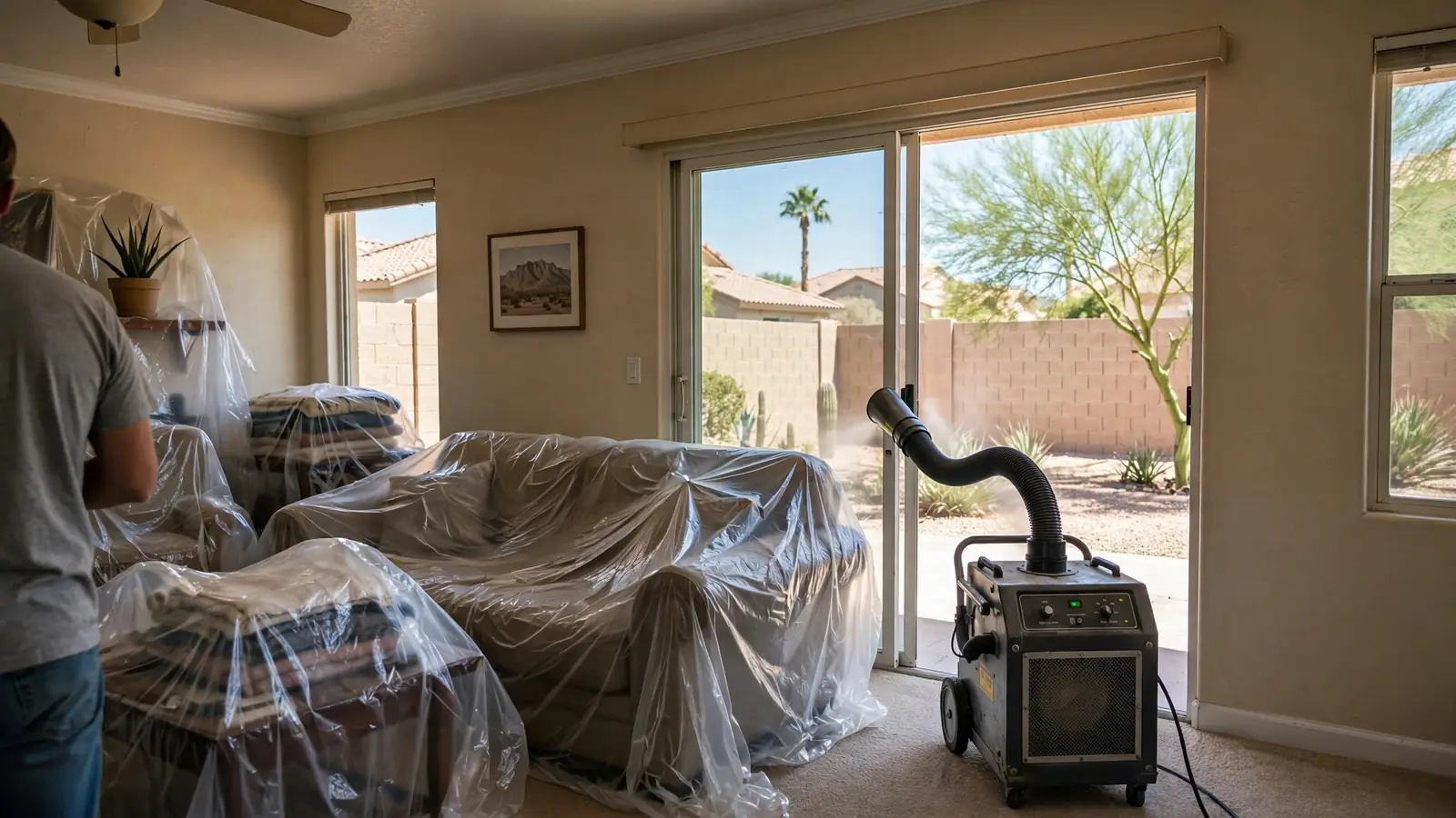 Air scrubber machine running in a living room with covered furniture