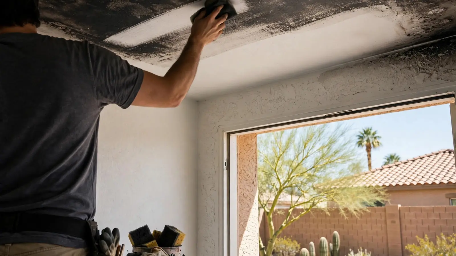 Technician wiping a soot-stained ceiling with a dry chemical sponge