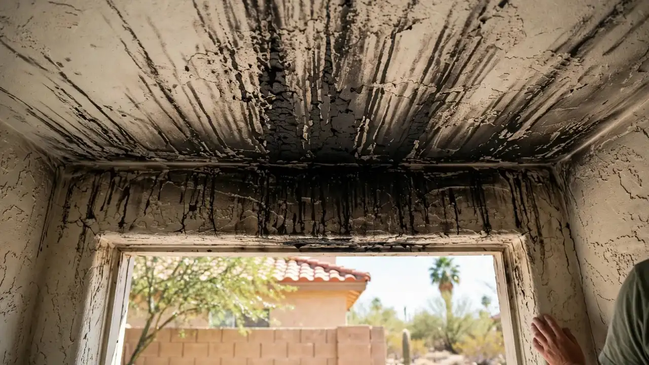 Close view of dark soot streaks along a ceiling above a doorway