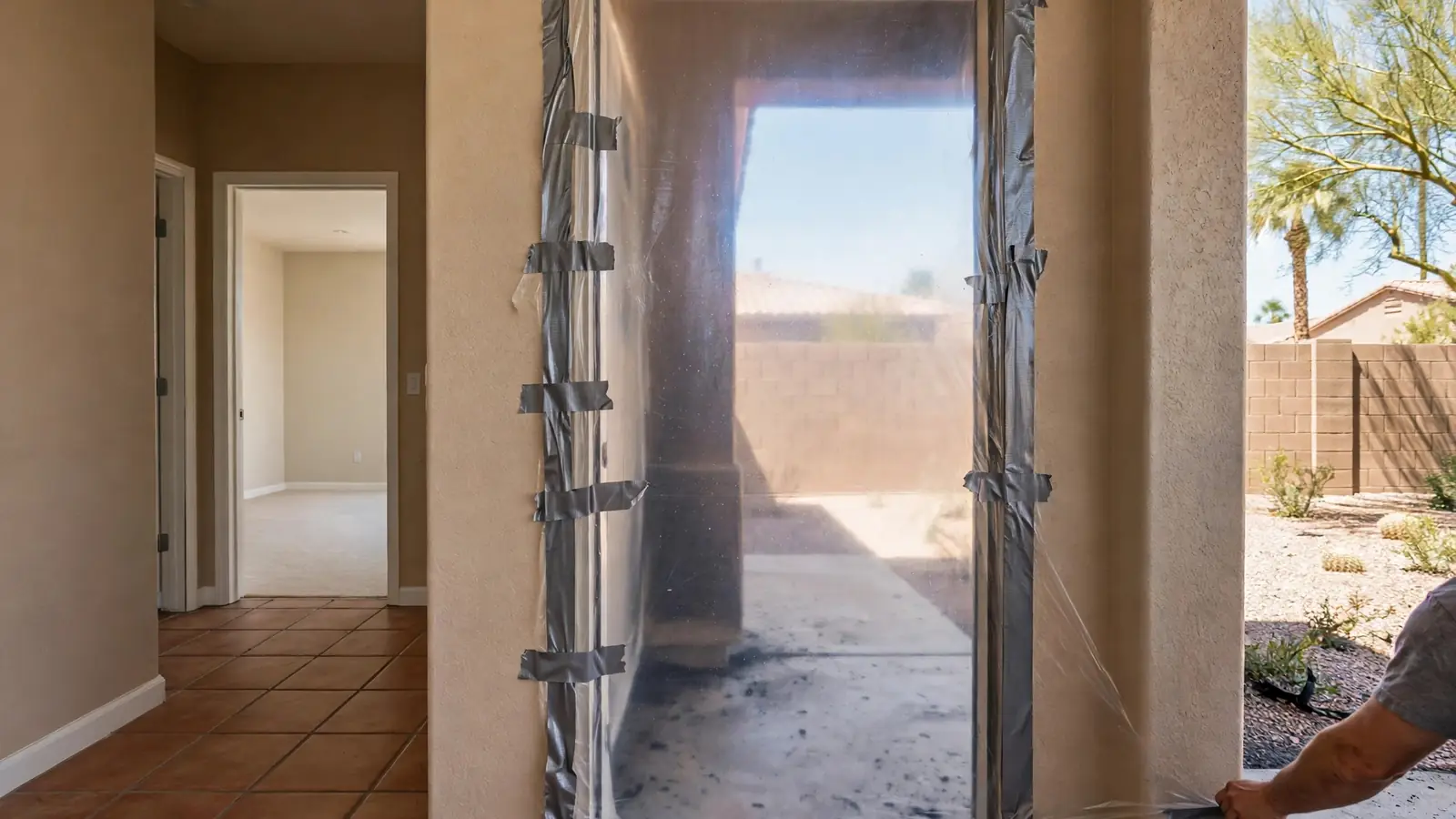 Plastic sheeting taped across a doorway to keep soot out of a clean hallway