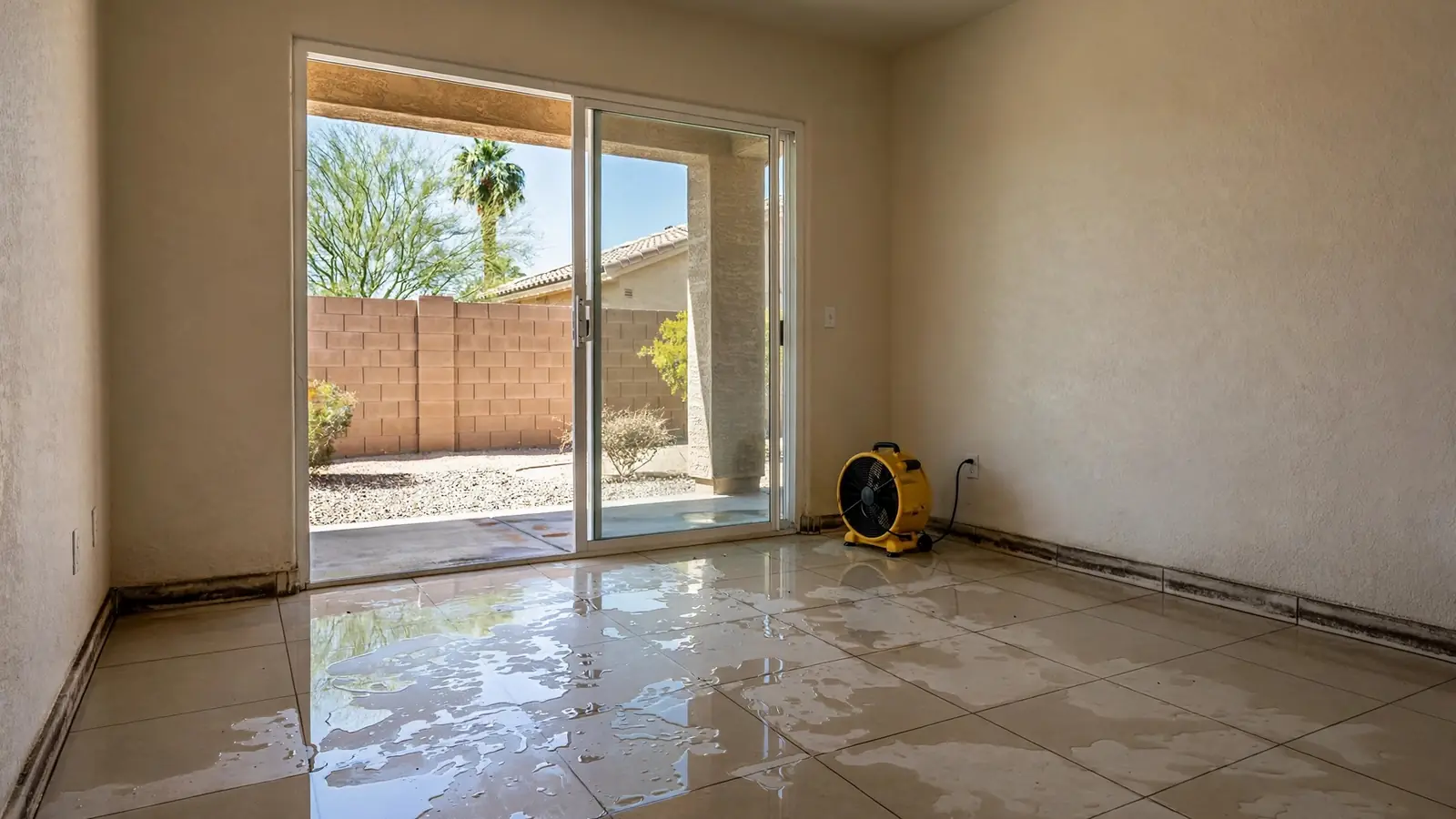 Wet tile floor and damp baseboards with a drying fan in an empty room