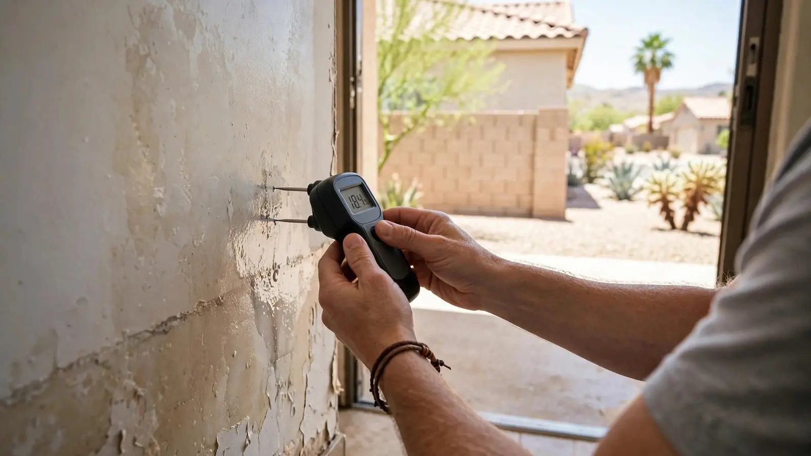 Hands holding a moisture meter against damp drywall