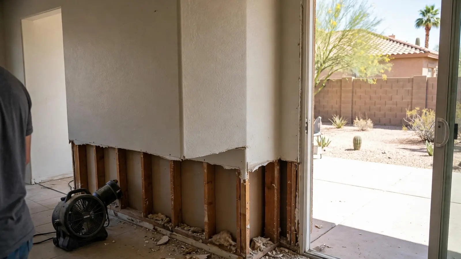 Drywall cut away along the bottom of a wall exposing studs for drying